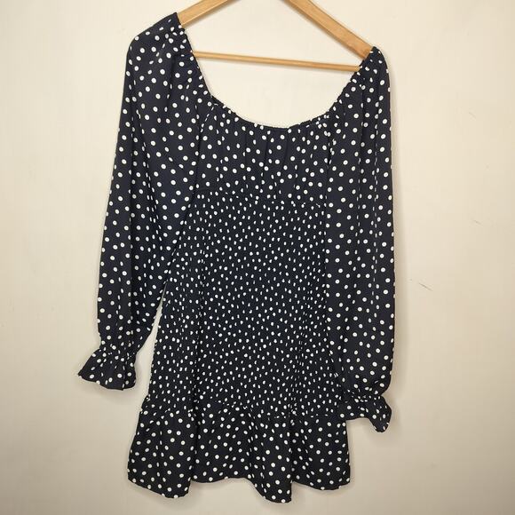 Express Polka Dot Mini Dress Smocked Balloon Sleeve - Picture 7 of 8